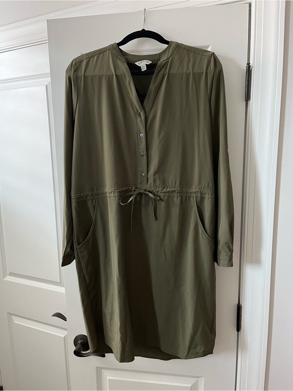 Orvis Olive Green Long-Sleeve Drawstring Shirt Dress